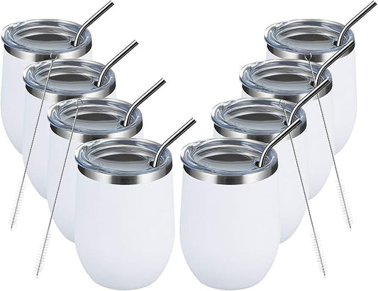 MEWAY 12oz/8 Pack Wine Tumbler Glasses with Lid - Stemless Double Wall Vacuum Stainless Steel Travel Tumbler - Keeping Cold & Hot for Wine,Coffee,Cocktails,Drinks-Family and Gifts (White,Set of 8)