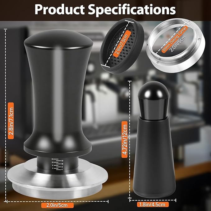 51mm Espresso Accessories Kit, Spring Loaded Calibrated Tamper, WDT Tool, Dosing Funnel, Fits Espresso Coffee Machines and 51 mm Portafilters, Barista Tools