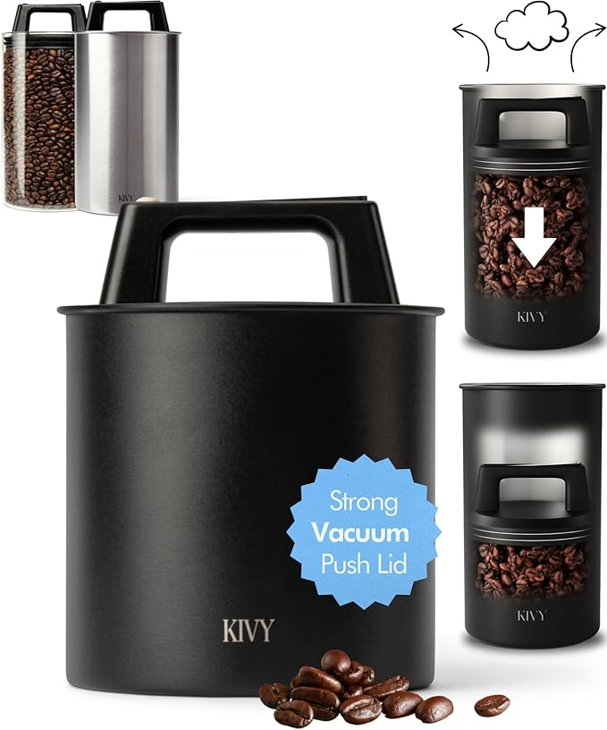 KIVY Vacuum Coffee Canister - Push Lid Preserves Coffee Aroma & Oil - Stainless Steel Airtight Coffee Canister - Coffee Container - Removes Excess Air