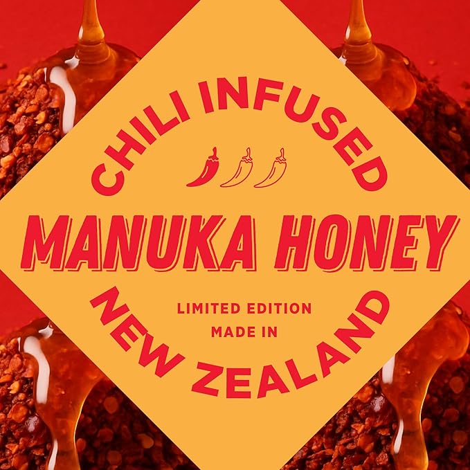 Hot Honey - Sweet Heat 100% Pure New Zealand Raw Manuka Spicy Honey MGO 100+ - Chili-Infused for Cooking & Grilling - No Added Sugar - 11.6oz Squeeze Bottle