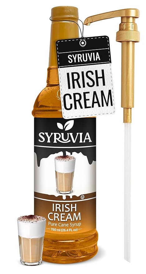 Syruvia Coffee Syrup, Irish Cream Flavored Syrup for Drinks, Lattes, and Desserts – 25.4 fl oz, With Pump