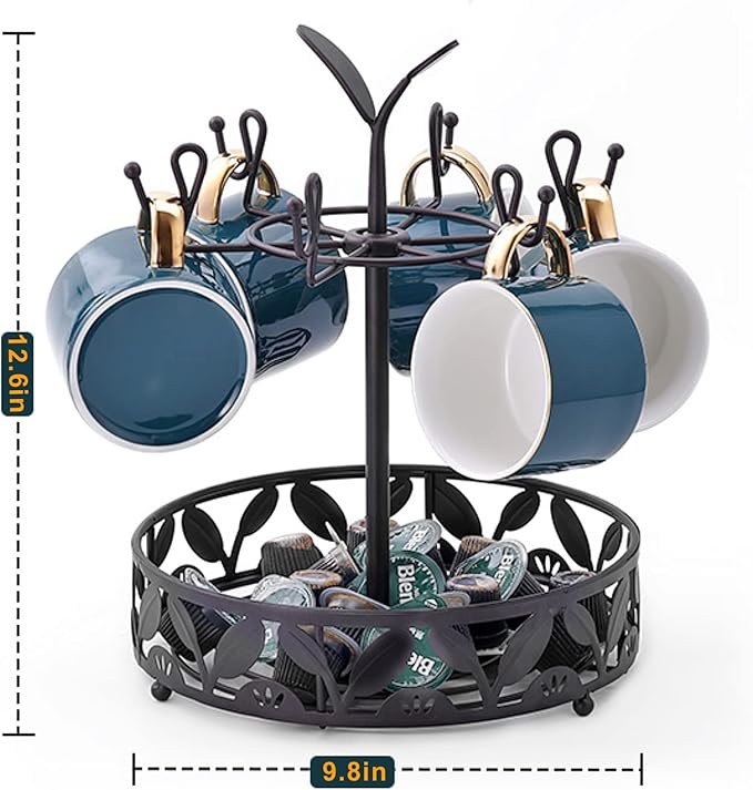 Coffee Mug Holder with Coffee Pod Basket Storage, Rotatable 6-capacity Cup Mug Holder Tree, Coffee Counter Bar Accessory & Kitchen Organizer