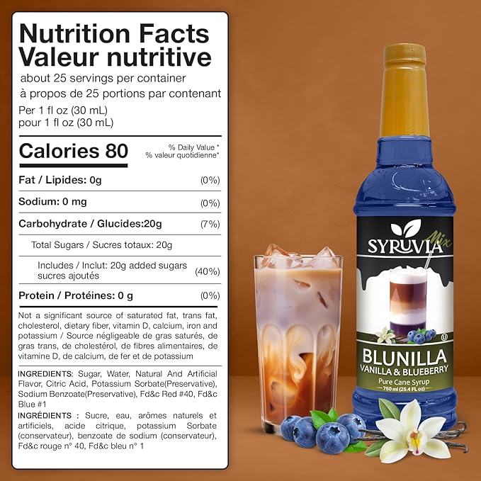 Syruvia BLUNILLA Coffee Syrup Vanilla Blueberry - 25.4 fl oz - Kosher Syrups, Gluten Free With Pump
