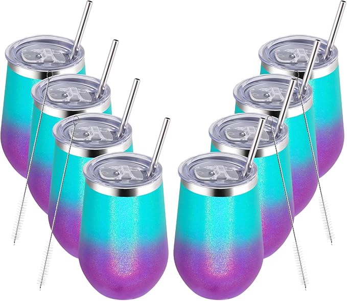 MEWAY Stainless Steel Wine Tumbler with Lid and Straw 12oz - Stemless Insulated Wine Cup Glass for Coffee,Cocktails,Champagne, and Office Use, Ideal for Parties and Gifts(Glitter Aurora,Set of 8)