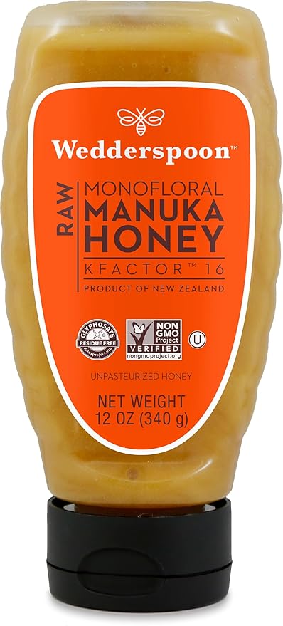 Wedderspoon Raw Manuka Honey, Unpasteurized, Genuine New Zealand Honey, Multi-Functional, Non-GMO Superfood, Convenient Squeeze Bottle, KFactor 16, 12 Ounce