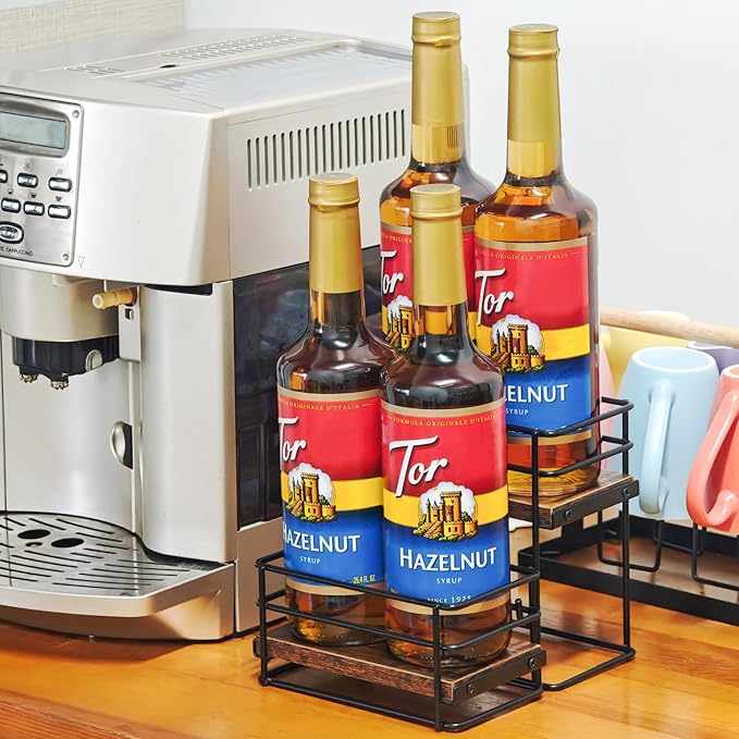 4 Bottle Coffee Syrup Organizer Rack, 2 Tier Coffee Syrup Bottle Stand Holder for Coffee Bar, Installation-free, Liquor Bottle Display Shelf, Coffee Syrup Shelf for Liquor Whiskey Wine Display