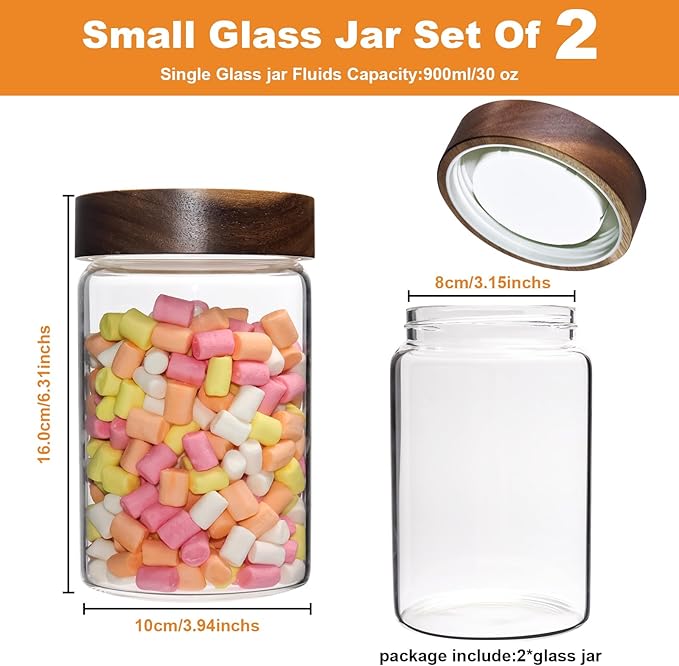 Airtight Glass Jars with Wooden Lid Glass Spice Jar Round Glass Storage Canister for Pantry Sugar Tea Coffee Bean Nuts Cookies Bath Salts (900ML*2PACK)