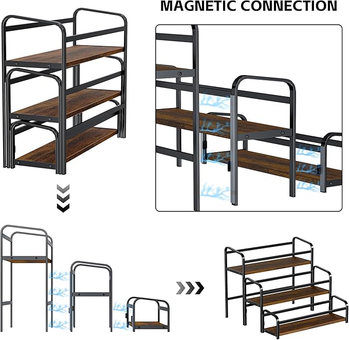 Coffee Syrup Rack Organizer, Wine Racks, Spice Racks, 3-Tier (Magnetic Connection) 12 Bottles Storage Shelves for Syrup Bottle Holder Stand for Coffee Bar, Kitchen Countertop, Rustic Brown & Black