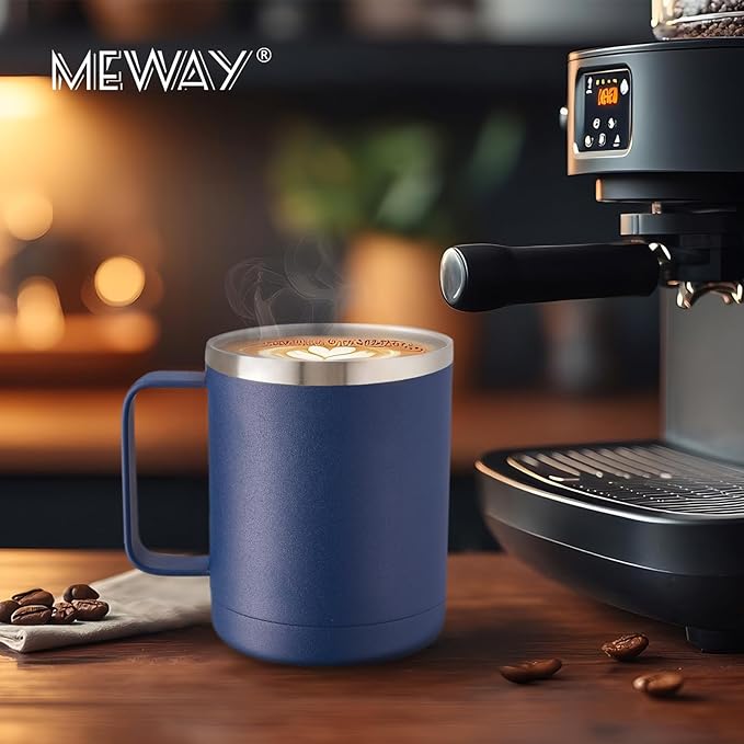MEWAY 12oz Coffee Mug With Handle 2 Pack Bulk,Stainless Steel Insulated Travel Tumblers With Sliding Lid,Double Wall Vacuum Camping Cup for Hot & Cold Drinks (Navy Blue, 2)
