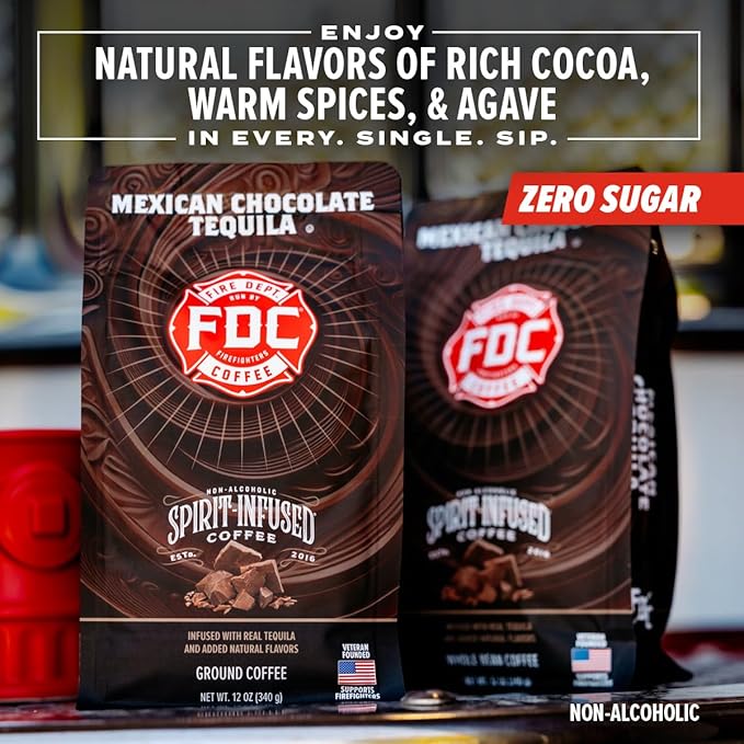 Fire Department Coffee - Gives Back to Firefighters - Mexican Chocolate Tequila Infused Ground Coffee - Medium Roast - Non-Alcoholic - Roasted in the USA - Veteran Owned - 12 oz