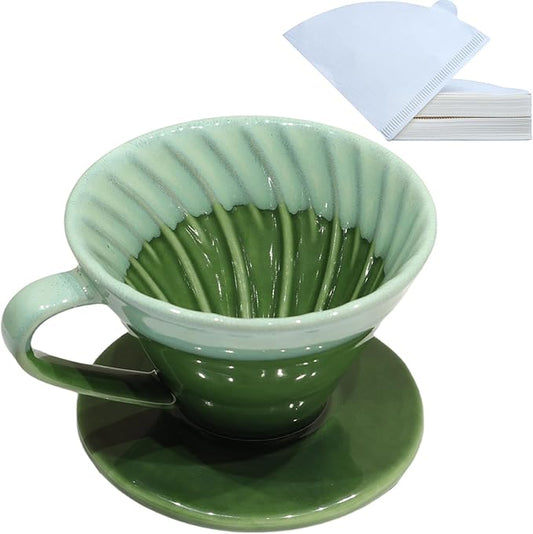 Ceramic Pour Over Coffee Dripper with 50 pcs V60 coffee filters - Portable Drip Coffee Brewer for Travel, Camping, Office or Home - Artisanal Pottery Gift for Enthusiasts