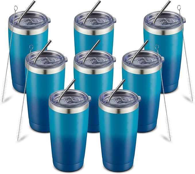 COMOOO 20oz Tumbler with Straw Stainless Steel Insulated Coffee Tumbler Cups Double Wall Vacuum Travel Coffee Mug with Splash Proof Sliding Lid for Hot Cold Drinks (Dark Night, 8 Pack)