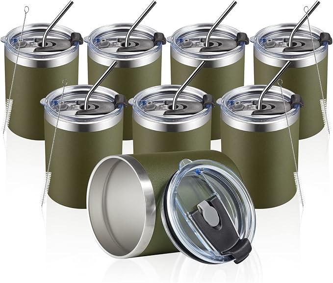 MEWAY 12oz/8Pack Coffee Mug With Lid, Insulated Stainless Steel Reusable Coffee Cup, Double Wall Durable Coffee Mug, Powder Coate，For Coffee, Beer, Home, Office(Army Green,8 Pack)