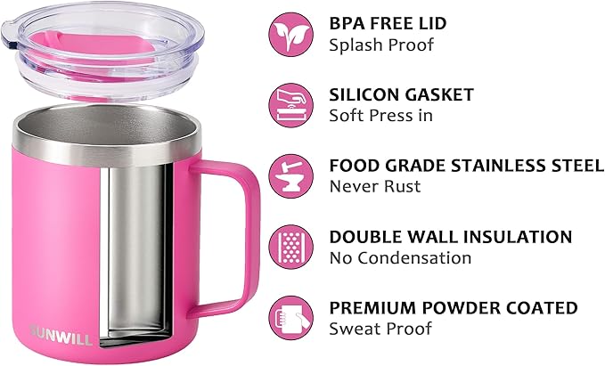 SUNWILL Insulated Coffee Mug with Lid, Travel Tumbler with Handle, 14 oz Stainless Steel Cup for Home, Office, Camping, Powder Coated Magenta