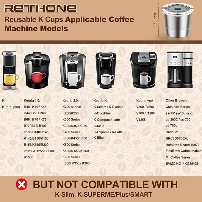 RETHONE Reusable K Cup for Keurig: Stainless Steel K Cup Coffee Pods Compatible with Keurig 1.0 & 2.0 Coffee Makers Machine, BPA-Free Refillable Coffee Filters with Tight Seal, Easy to Clean