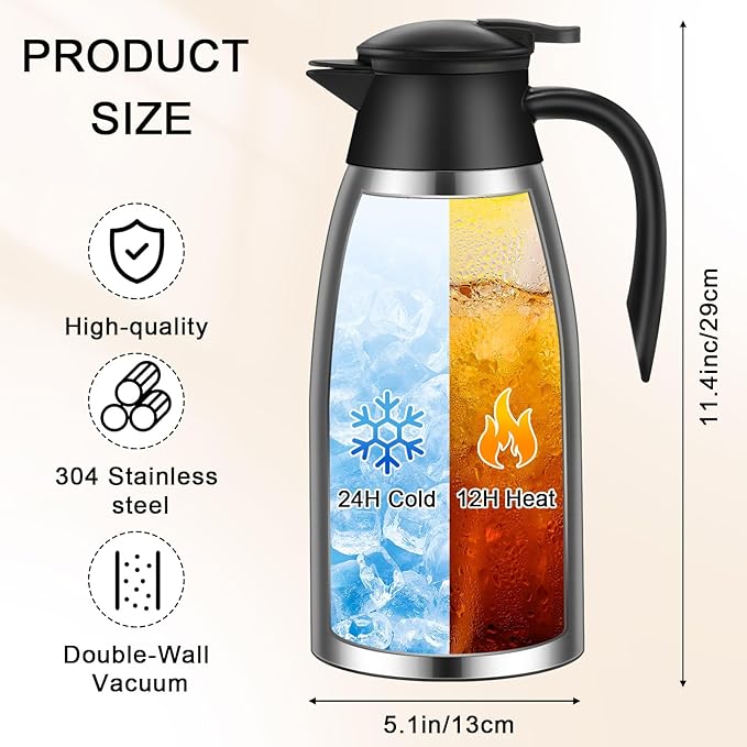 Uiifan 2 Pcs 68oz Thermal Coffee Carafe Insulated Stainless Steel Coffee Carafe for Hot Liquids Double Walled Vacuum Pot Creamer Pitcher Dispenser with Brush for Keeping Milk Tea(Silver, Black)