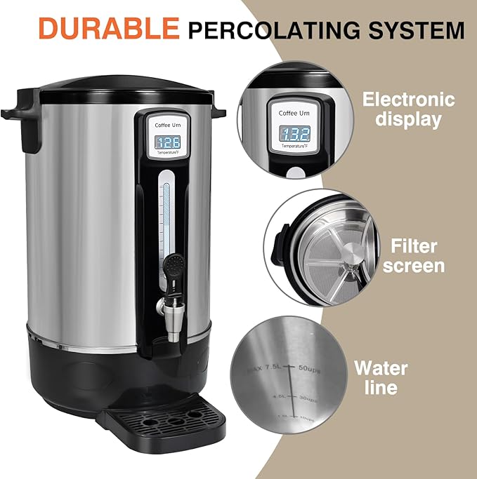 50-Cup Commercial Coffee Urn - Stainless Steel Double-Wall Coffee Maker with Percolator & Keep-Warm Function - Ideal for Events, Offices, Parties, and Catering (50 Cups - Double Layer)