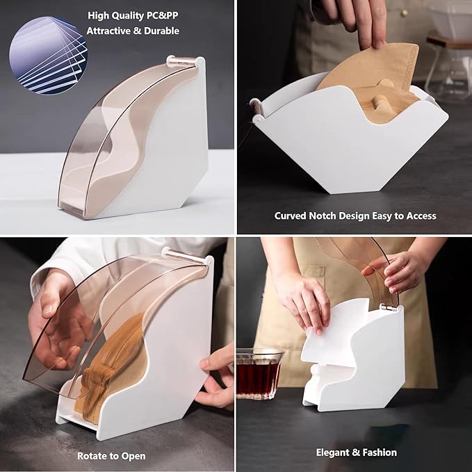 Coffee Filter Paper Holder with Dustproof Cover Coffee Filter Storage Container Filter Paper Box (White for cone filter paper)