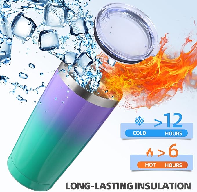 Volhoply 20oz Stainless Steel Tumbler with Lid and Straw Bulk 8 Pack,Double Wall Insulated Travel Iced Coffee Mug Fits Cup holder,Powder Coated Cups for Cold Drinks,Christmas Gifts（Purple Green,8 Set）