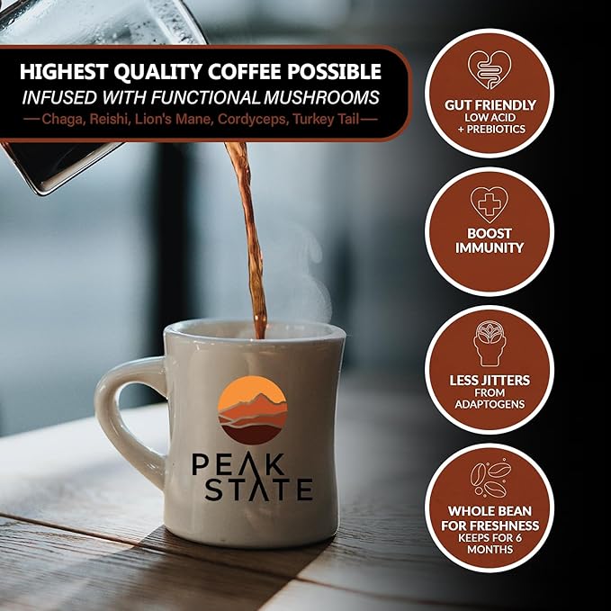 Peak State Immunity Boost Mushroom Coffee with Benefits, Medium Roast – Low Acid and Smooth, Dark Chocolate and Sweet Grape Notes, Organic Whole Bean, Gluten Free, 10 Single Serve Tea Bags