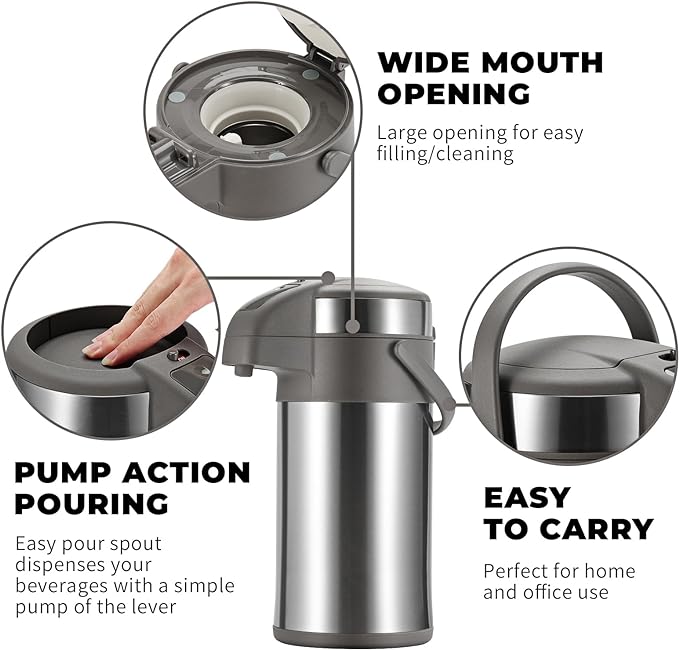 OJOJ 3L/101OZ Thermal Coffee Carafe with Pump, Thermal Beverage Dispenser, Coffee Airpot Stainless Steel Coffee Carafe for Hot Drinks Silver