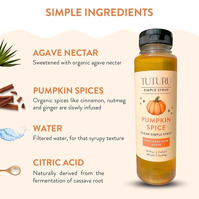 Pumpkin Spice Agave Simple Syrup for Coffee, Cocktails, Matcha - Sweetened with Agave Nectar - Infused with Real Pumpkin Spices - 13.5 oz