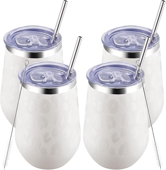 MEWAY 12oz Insulated Wine Tumbler Bulk, Double Wall Vacuum Stainless Steel Travel Tumbler with Straw,Travel wine tumbler, 4 pack of wine tumbler glasses(Almond Leopard,Set of 4)