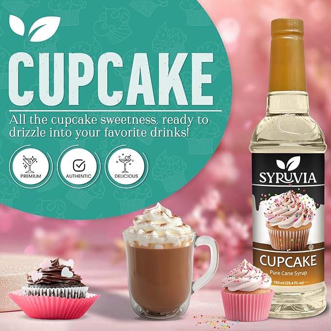 Syruvia Cupcake Coffee Syrup - 25.4 fl oz - Kosher Syrups, Gluten Free, No Coloring, Perfect for Drinks, Soda, Shakes, Desserts, and More With Pump
