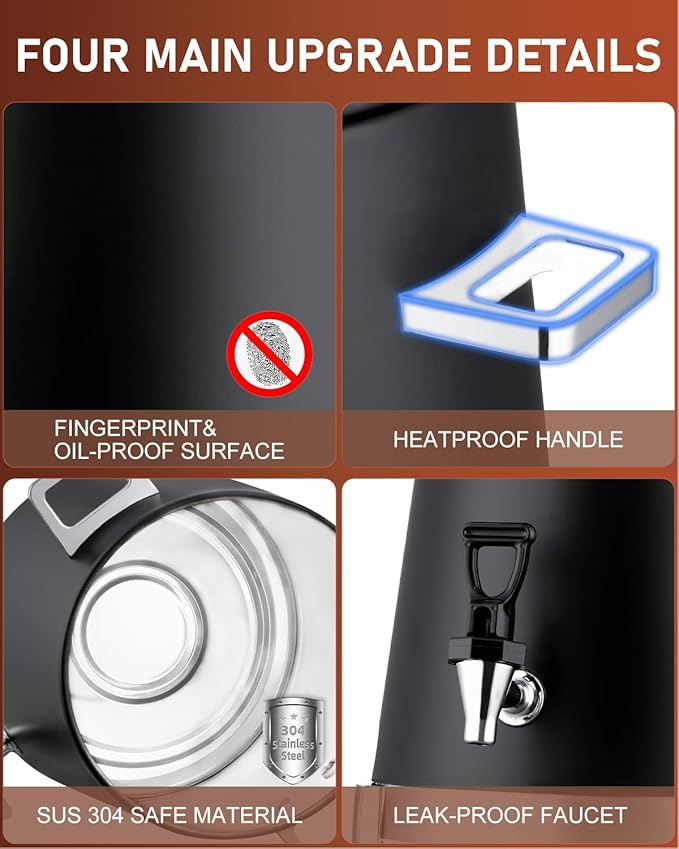 Coffee Urn With Fuel Holder, 3.5 Gallon/13L Stainless Steel Beverage Dispensers for Coffee Tea Hot Water, Hot Drink Dispenser with Stand, Chafer Urn with Spigot for Parties Catering (Painted Black)