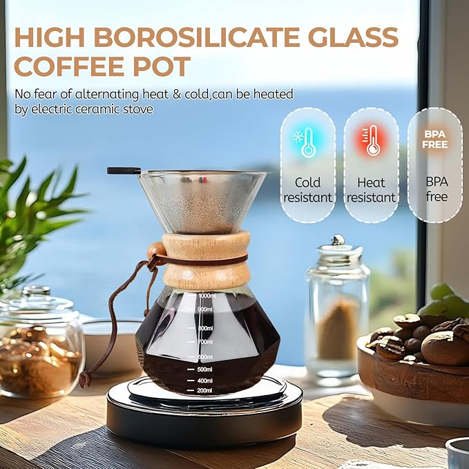 Pour Over Coffee Maker 1000ml with 304 Stainless Steel Filter and Wooden Collar Holder Borosilicate Glass Drip Coffeemaker Server Set Clear Hand Brew Dripper Carafe for Home Camping Travel 33.8oz