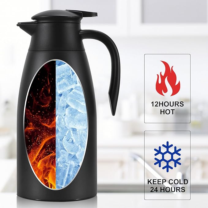 Thermal Coffee Carafe, Updated Insulated Stainless Steel Coffee Carafes for Keeping Hot Coffee & Water Hot Beverage-12Hours, Double Walled Vacuum Coffee Carafe (black)