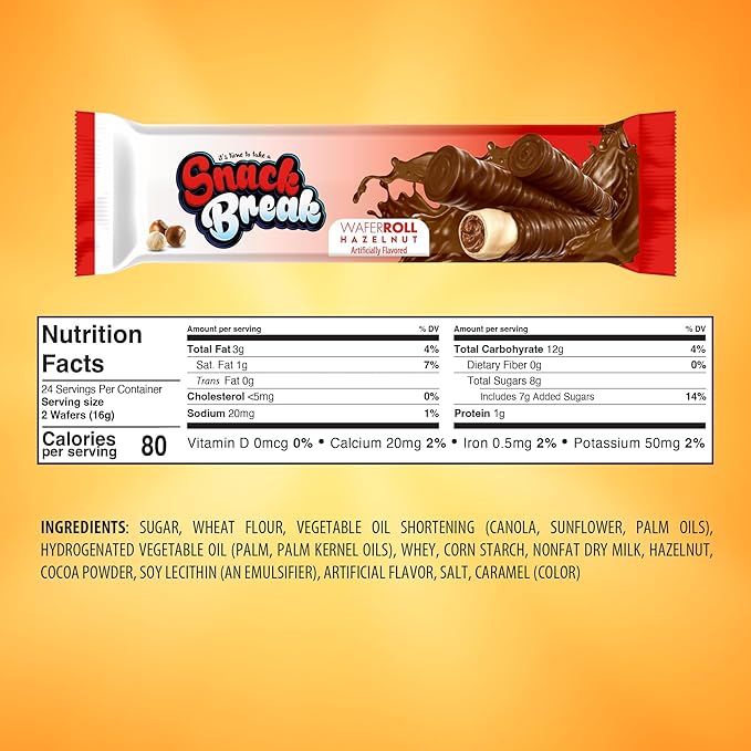 Snack Break Hazelnut Wafer Rolls, Rolled Wafer Cookies, Cocoa Coated Delicious Snack, Individually Wrapped, Crunchy Sticks for On-the-Go, Coffee, Tea, 24 Count (Pack of 12)