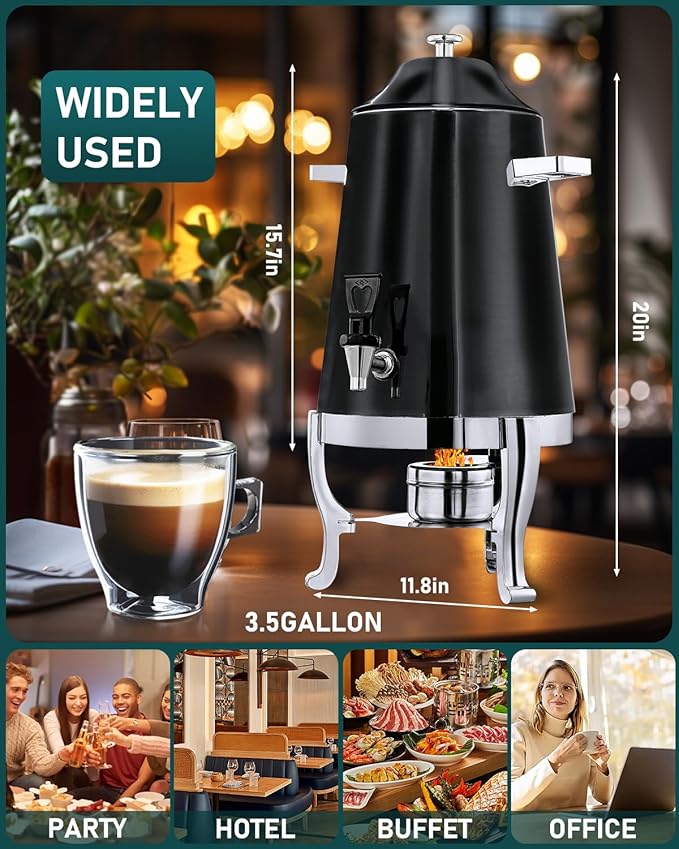 Coffee Urn With Fuel Holder, 3.5 Gallon/13L Stainless Steel Beverage Dispensers for Coffee Tea Hot Water, Hot Drink Dispenser with Stand, Chafer Urn with Spigot for Parties Catering (Painted Black)