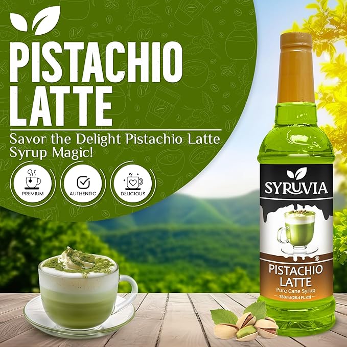 Syruvia Coffee Syrup, Pistachio Latte Flavored Syrup for Drinks, Lattes, and Desserts – 25.4 fl oz, With Pump