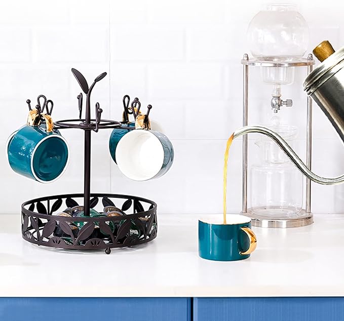 Coffee Mug Holder with Coffee Pod Basket Storage, Rotatable 6-capacity Cup Mug Holder Tree, Coffee Counter Bar Accessory & Kitchen Organizer