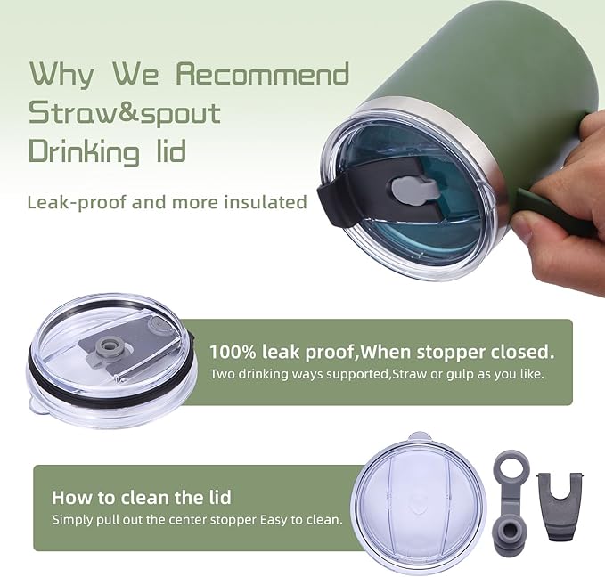 Volhoply 12oz Insulated Leakproof Coffee Mug with Sliding & Straw Lid Bulk 2 Pack,Double Wall Vacuum Stainless Steel Travel Tumbler Cup with Handle,Camping Mugs Keep Cold/Hot(Assort color,2 Set)