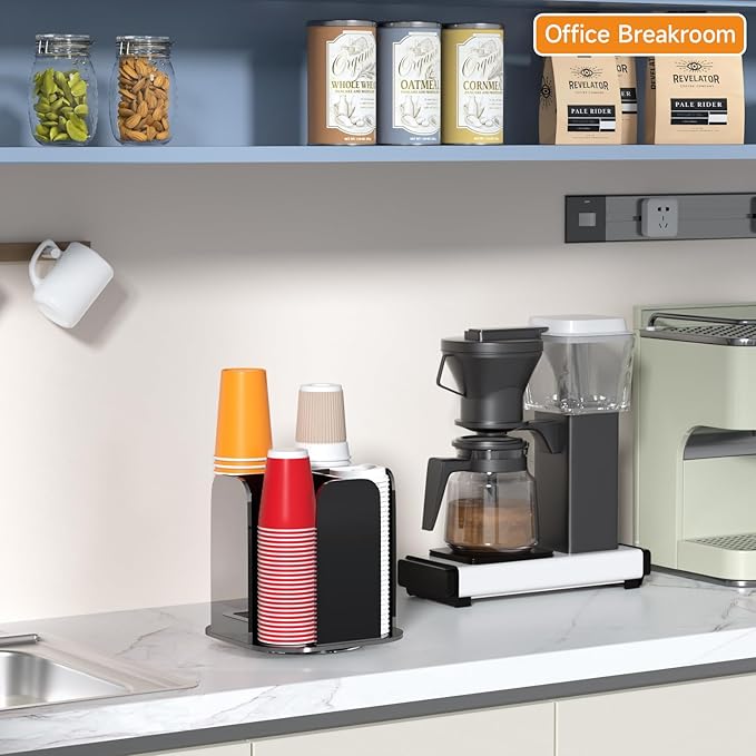 Beego Coffee Cup Holder Organizer - Rotatable 4 Compartments Black Acrylic Cup Dispenser Station With Lid Carousel - Countertop Plastic Cup Holder for Restaurant Breakroom Bar Accessories
