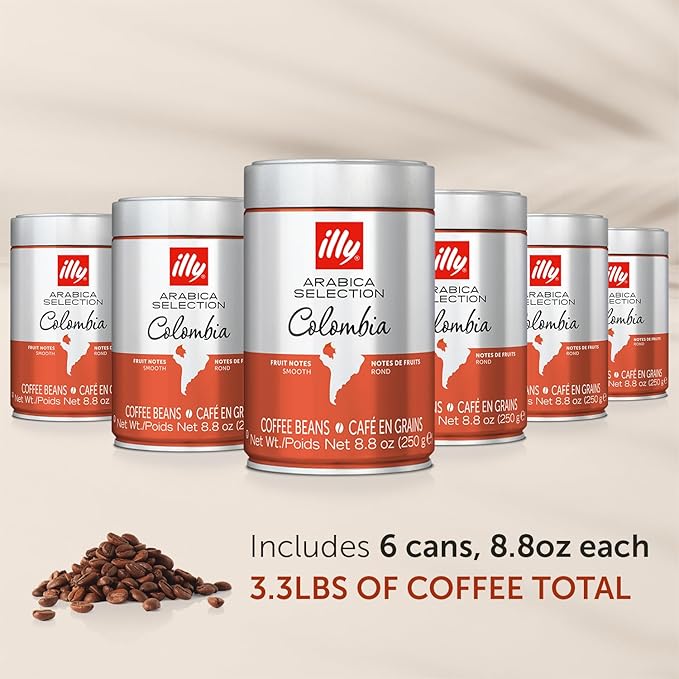 illy Whole Bean Coffee, Arabica Selections, Colombia, Single Origin, Smooth with Notes of Citrus Fruits, 100% Arabica Beans, All-Natural, No Preservatives, 8.8 Ounce Can (Pack of 6)