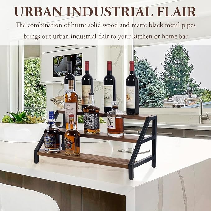 MyGift 3-Tier Wine Rack, Industrial Rustic Wood & Black Metal Countertop Organizer, Stair Step Shelf for Liquor Bottles, Glasses, Barware - Kitchen, Home Bar, Commercial Use