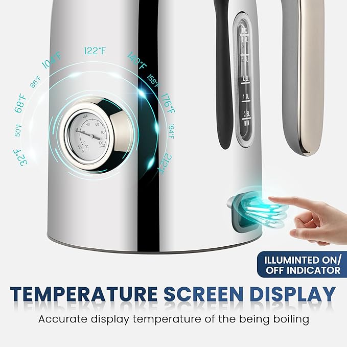 SUSTEAS Electric Kettle - 57oz Hot Tea Water Boiler with Thermometer, 1500W Fast Heating Stainless Steel Pot, Cordless LED Indicator, Auto Shut-Off & Boil Dry Protection, Silver