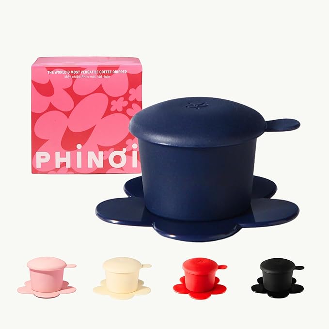PHINOI Pour Over Coffee Dripper - Vietnamese Phin Filter – Single Cup Coffee Maker 1-2 Cup with Flower Design – Plastic Reusable Coffee Filter for Manual Brewing, Travel Friendly (Navy)