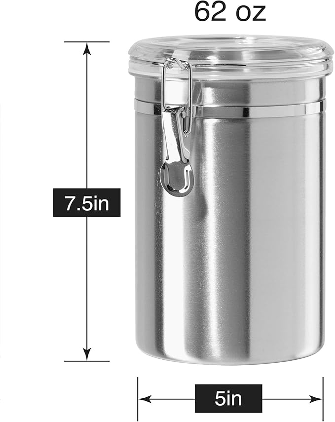 Oggi Stainless Steel Kitchen Canister 62 fl oz - Airtight Clamp Lid, Clear See-Thru Top - Ideal for Kitchen Storage, Food Storage, Pantry Storage. Large Size 5" x 7.5".