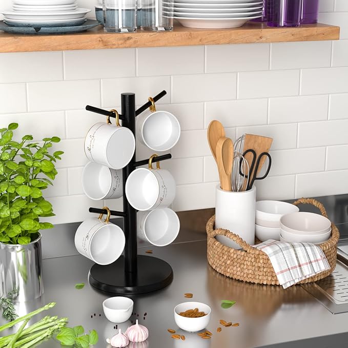 Wisuce Black Coffee Mug Tree Bamboo Mug Holder Coffee Cup Stand Mug Holders for Countertop Coffee Mug Rack Organizer Stand (Black Basic)