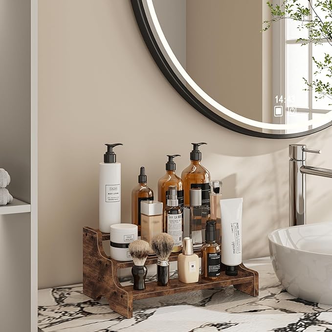 Wooden Display Riser Stand, Tiered Perfume and Cologne Organizer Stand, 3 Tier Spice Rack, Rustic Display Shelf for Candles, Kitchen Storage Holder for Spice Bottles, Jars, Seasonings