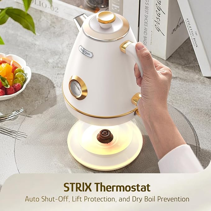 Hazel Quinn Retro Electric Kettle - 1.7 Liters / 57.5 Ounces Tea Kettle with Thermometer, All Stainless Steel, 1200 Watts Fast Boiling, BPA-free, Cordless, Automatic Shut Off - Pearl White