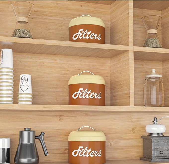 Brown Basket Coffee Filter Holder with Lid - Round Storage Container for Counter - Rustic Farmhouse Coffee Bar Accessories Decor