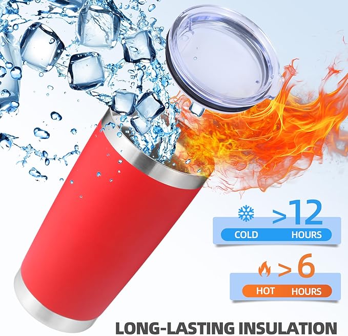 Volhoply 20oz Stainless Steel Tumbler with Lid and Straw Bulk 12 Pack,Double Wall Insulated Travel Iced Coffee Mug Fits Cup holder,Powder Coated Cups for Hot/Cold Drinks,Gifts for Women（Red,12 Set）