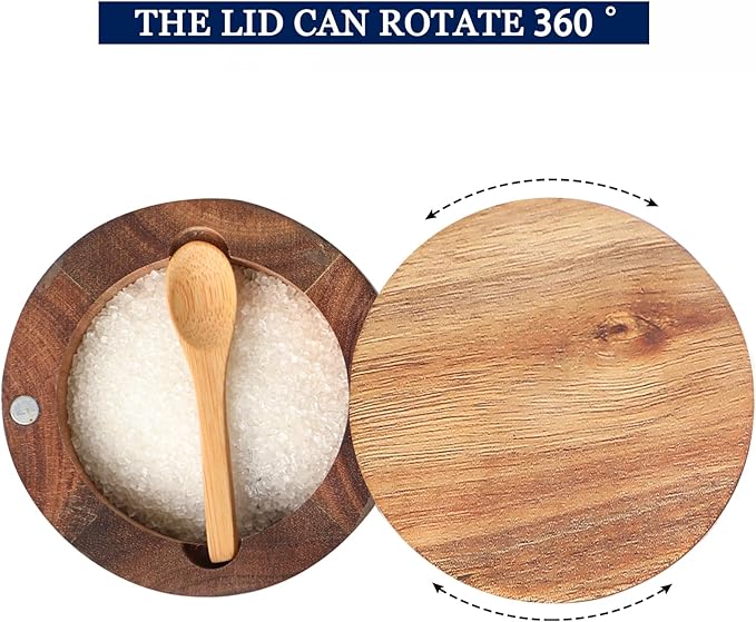 Acacia Wood Spice Box with Swivel Cover for Kitchen Countertop,Salt Keeper with Built-in Spoon,Modern Farmhouse Kitchen Decoror for Storing Seasonings (Labeled Sugar)