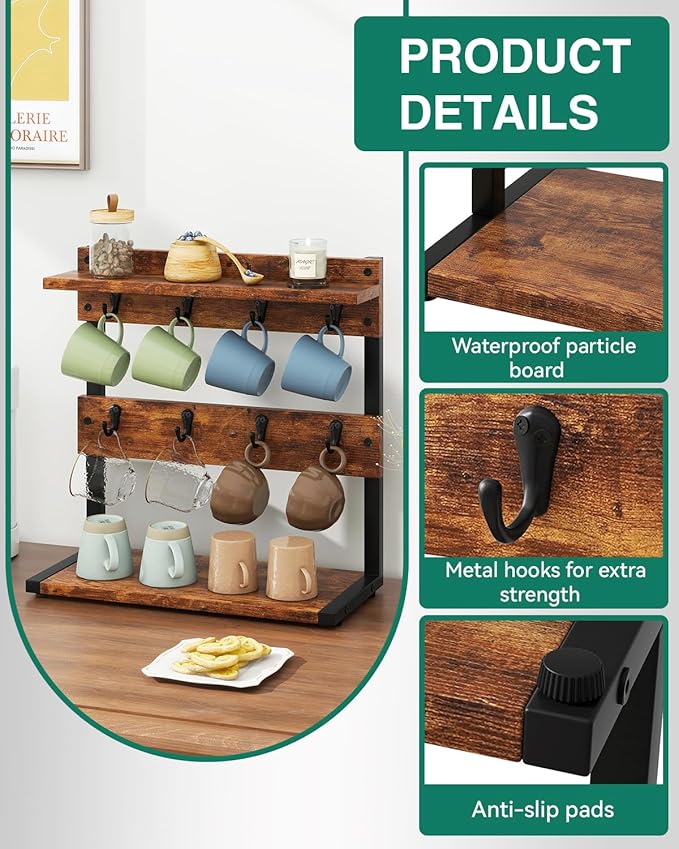 IBUYKE Rustic Coffee Mug Holder Stand, 2 Tier Countertop Mug Tree Holder Rack with Storage Base, Vintage Mug Holders for Kitchen, Holds 8 Mugs, Rustic Brown UTBJ002H