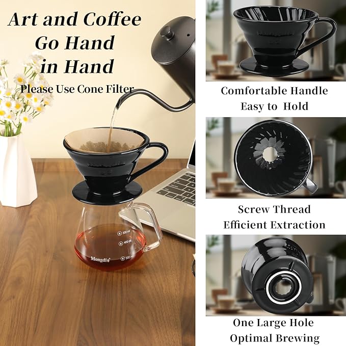 Mongdio V60 Ceramic Pour Over Coffee Dripper, Reusable Porcelain Portable Pour Over Coffee Maker, Slow Brewing Accessories with 1 Holes for Home - Size 01 Black